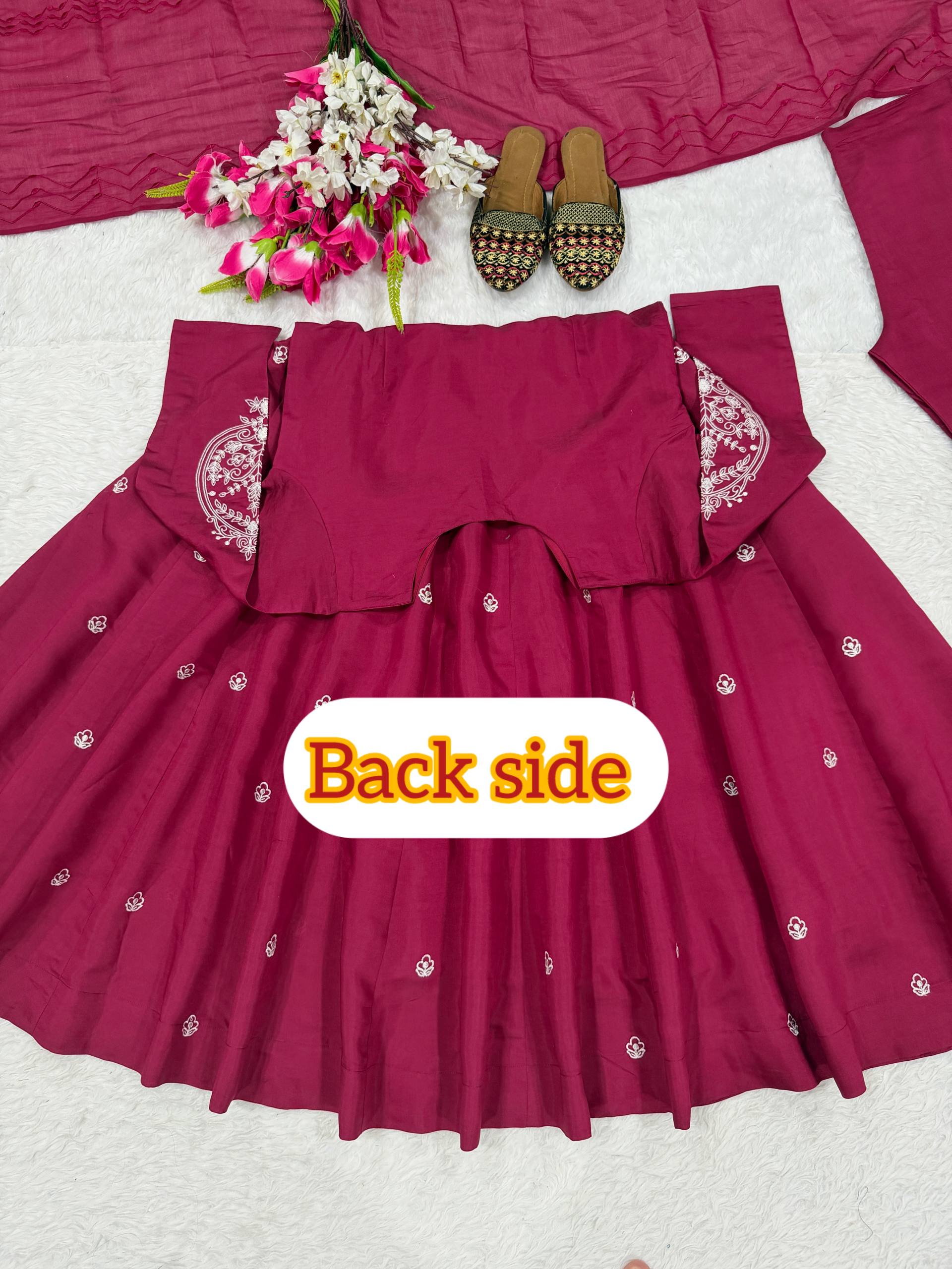 Rich Magenta Maroon Flared Anarkali Suit Set Adorned with Delicate Scattered Floral Embroidery and an Elegant V-Neckline